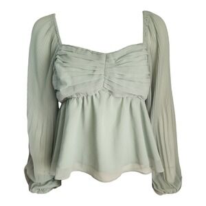 Lush Top Womens Small Mint Green Pleated Boho Babydoll Crop Chiffon Long Sleeve